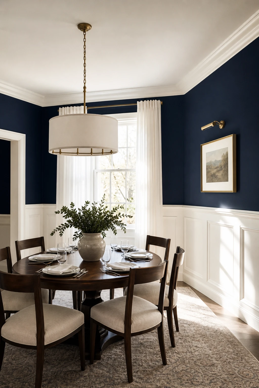 Navy blue dining room with white trim wainscoting white painted ceiling and a round white linen pendant above a dark walnut table set for four