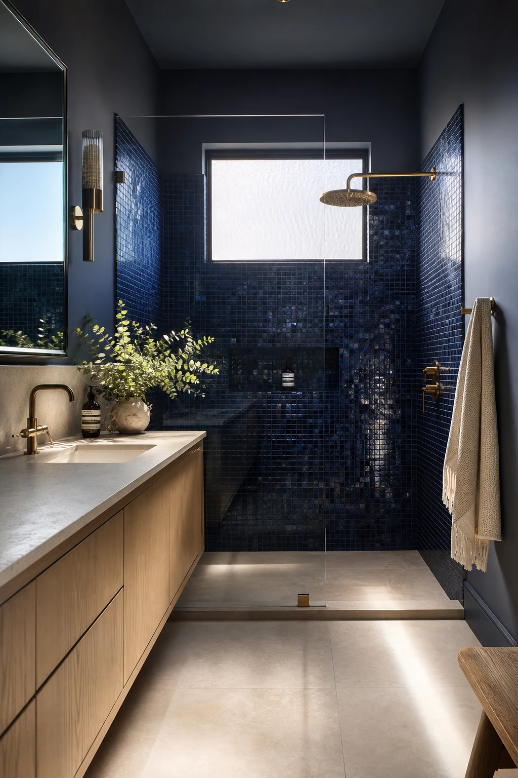 Navy mosaic tile bathroom with Hague Blue painted walls, brass fixtures, stone floor, and deep dramatic lighting creating a sophisticated grown up space