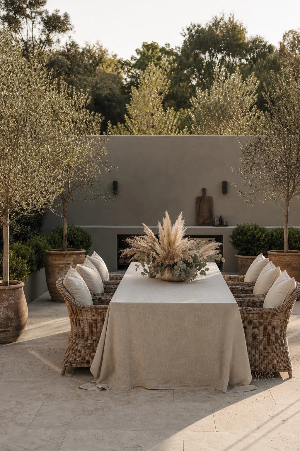 Neutral garden patio dining setup with a linen draped table, rattan chairs, stone pavers, potted olive trees, and a warm Farrow and Ball Cord painted garden wall