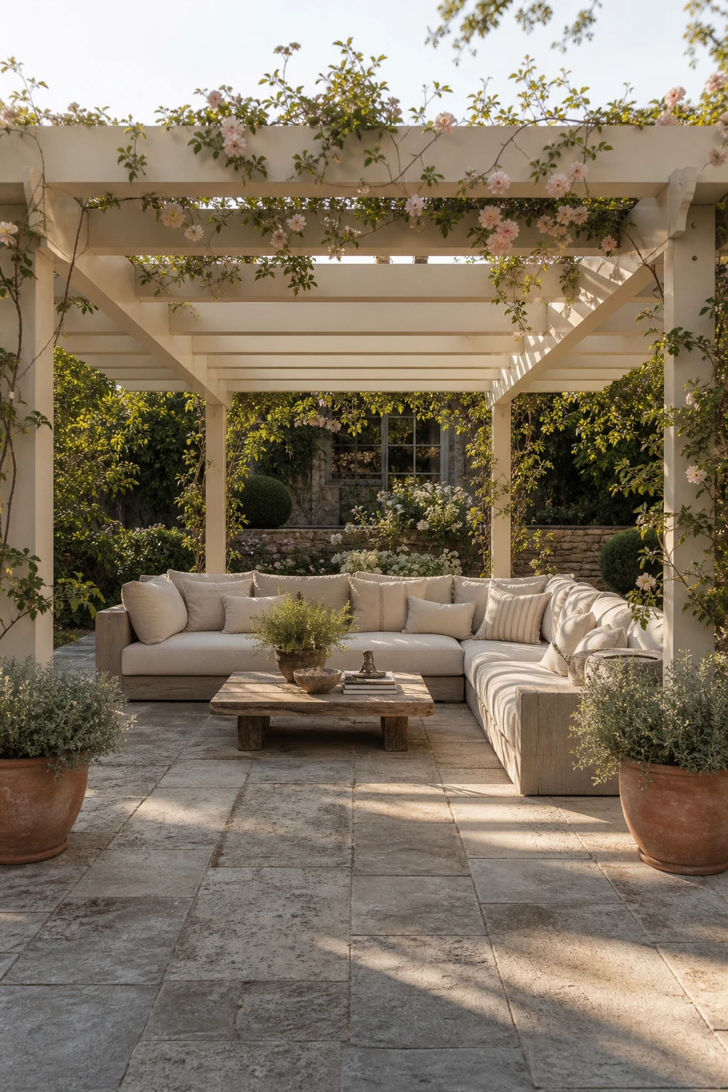 Neutral garden pergola seating area with warm Farrow and Ball Tallow painted timber overhead beams, linen cushions, stone paving and soft climbing foliage