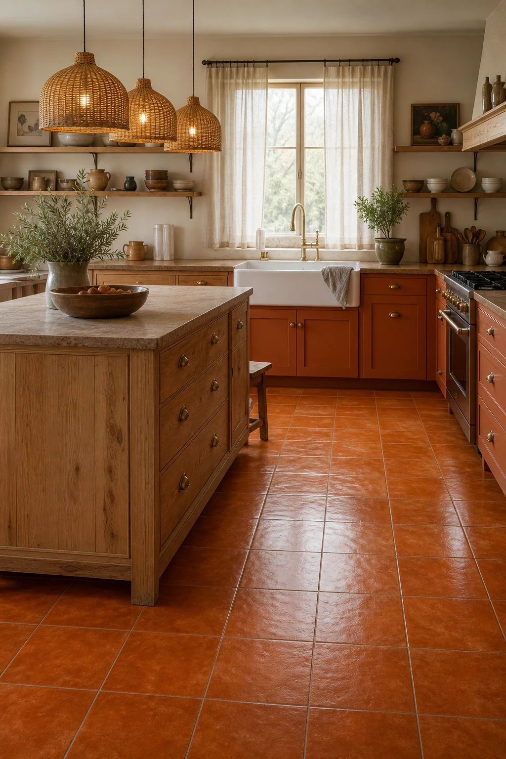 North facing 70s kitchen with a burnt orange vinyl floor as the hero, warm wood cabinetry, cream walls in Farrow and Ball Dutch Orange paint, and rattan pendant lighting