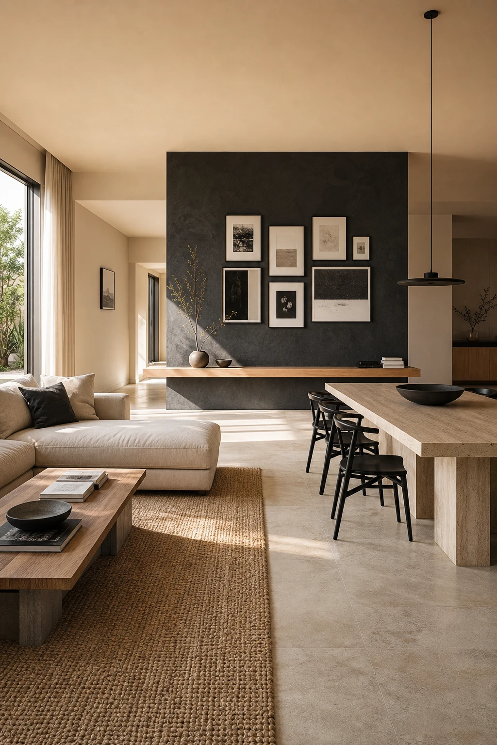 Open concept living and dining room with a bold gray feature wall anchoring both zones, natural wood shelving, black frames, and warm white surrounding walls
