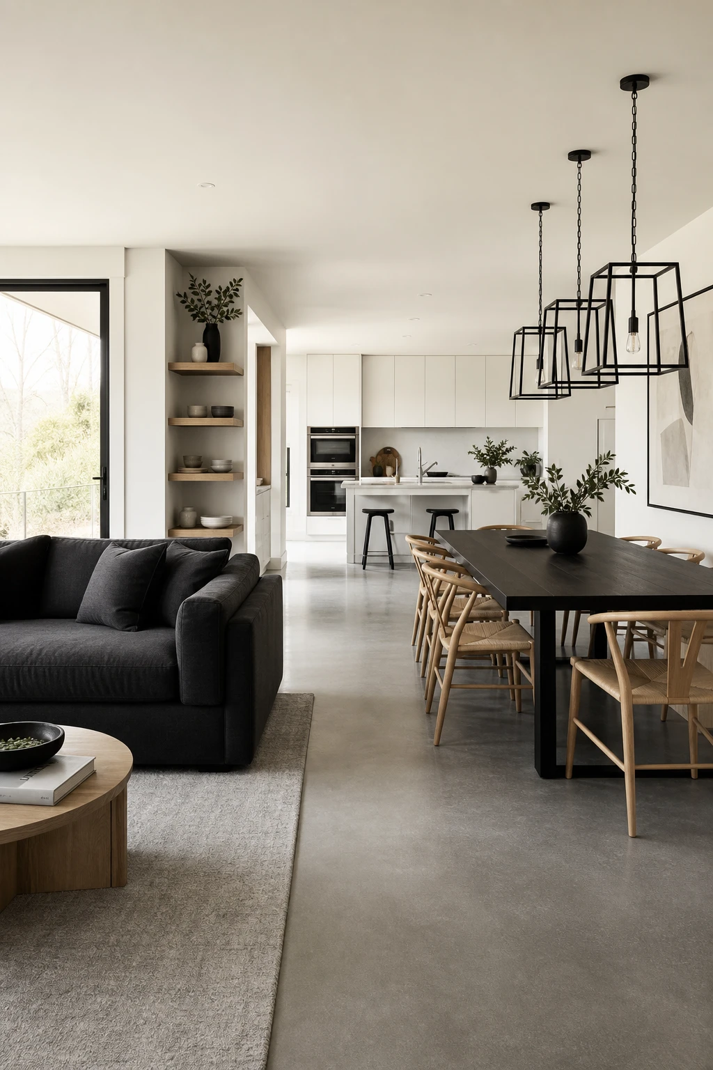 Open concept living dining kitchen space with black white gray and natural wood palette unified by warm white walls showing seamless visual flow across zones