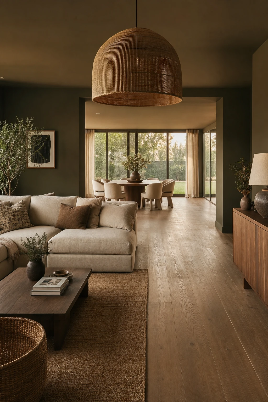 Open plan brown and cream living and dining room with Farrow and Ball Broccoli Brown walls uniting both zones under natural light