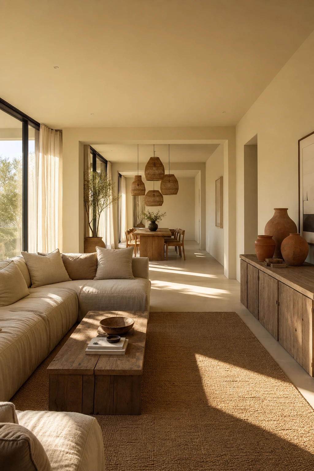Open plan earthy neutral living and dining room with seamless visual flow, warm Matchstick painted walls, linen sofas, timber dining table and rattan pendant lighting