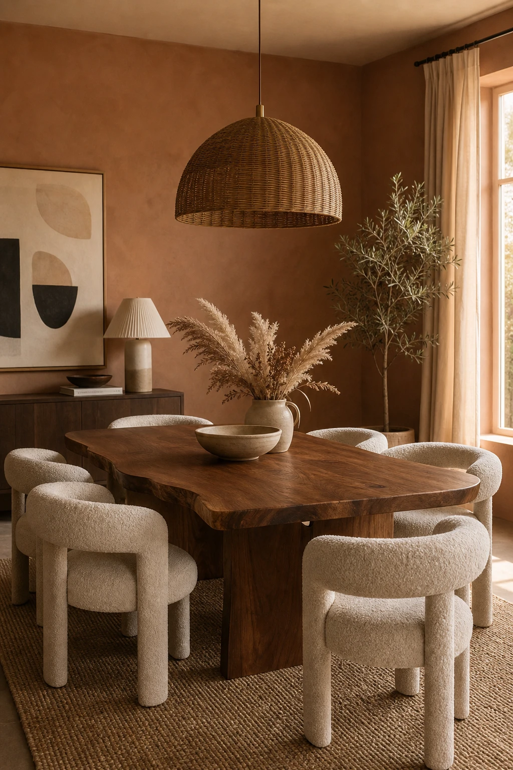 Organic modern neutral dining room with a sculptural wood table, rounded chairs, woven pendant light, and Farrow & Ball Archive painted walls in warm afternoon light