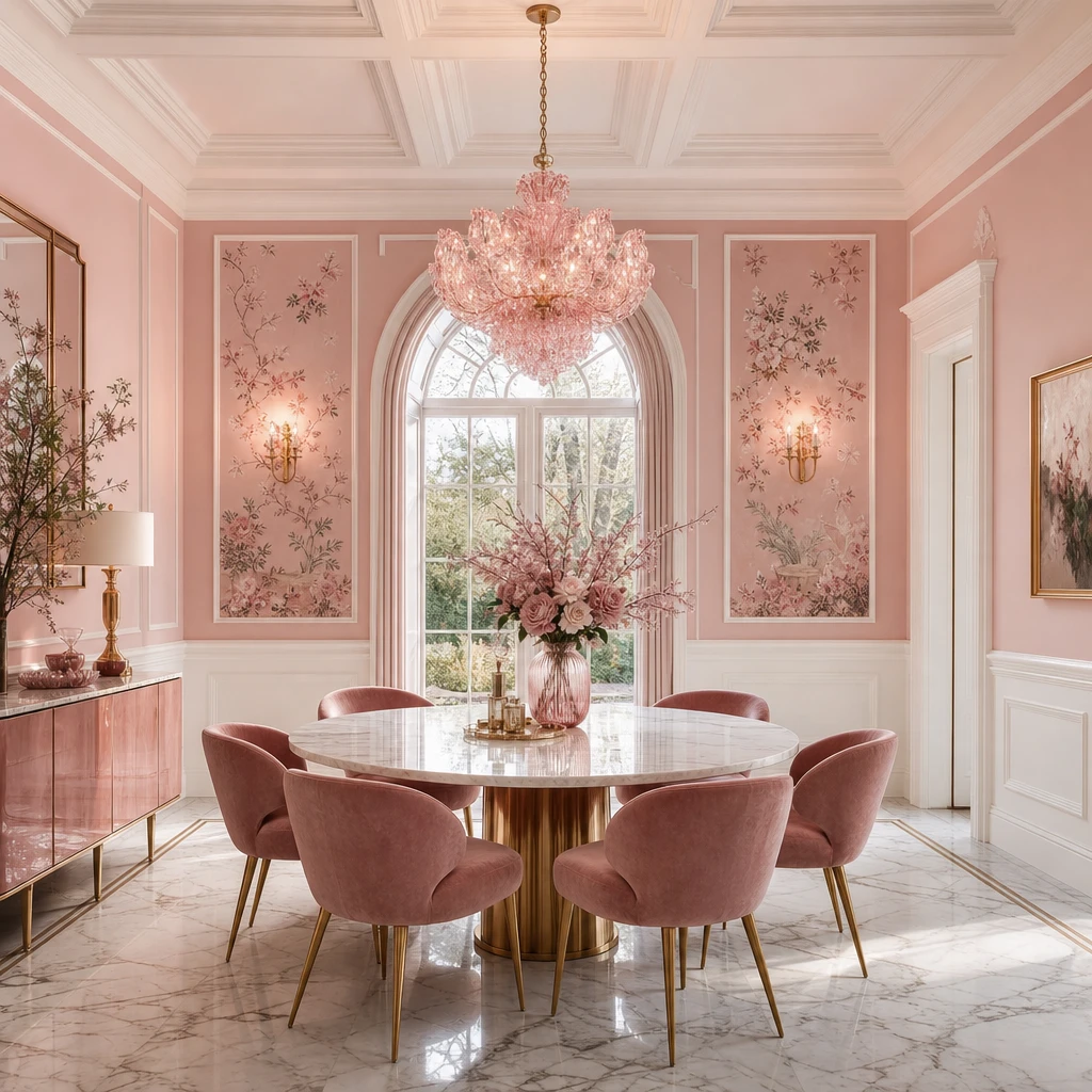 Pink and white dining room with blush rose walls, white panelled wainscoting, a round marble dining table, dusty rose velvet chairs, and a pink glass chandelier in warm afternoon light.