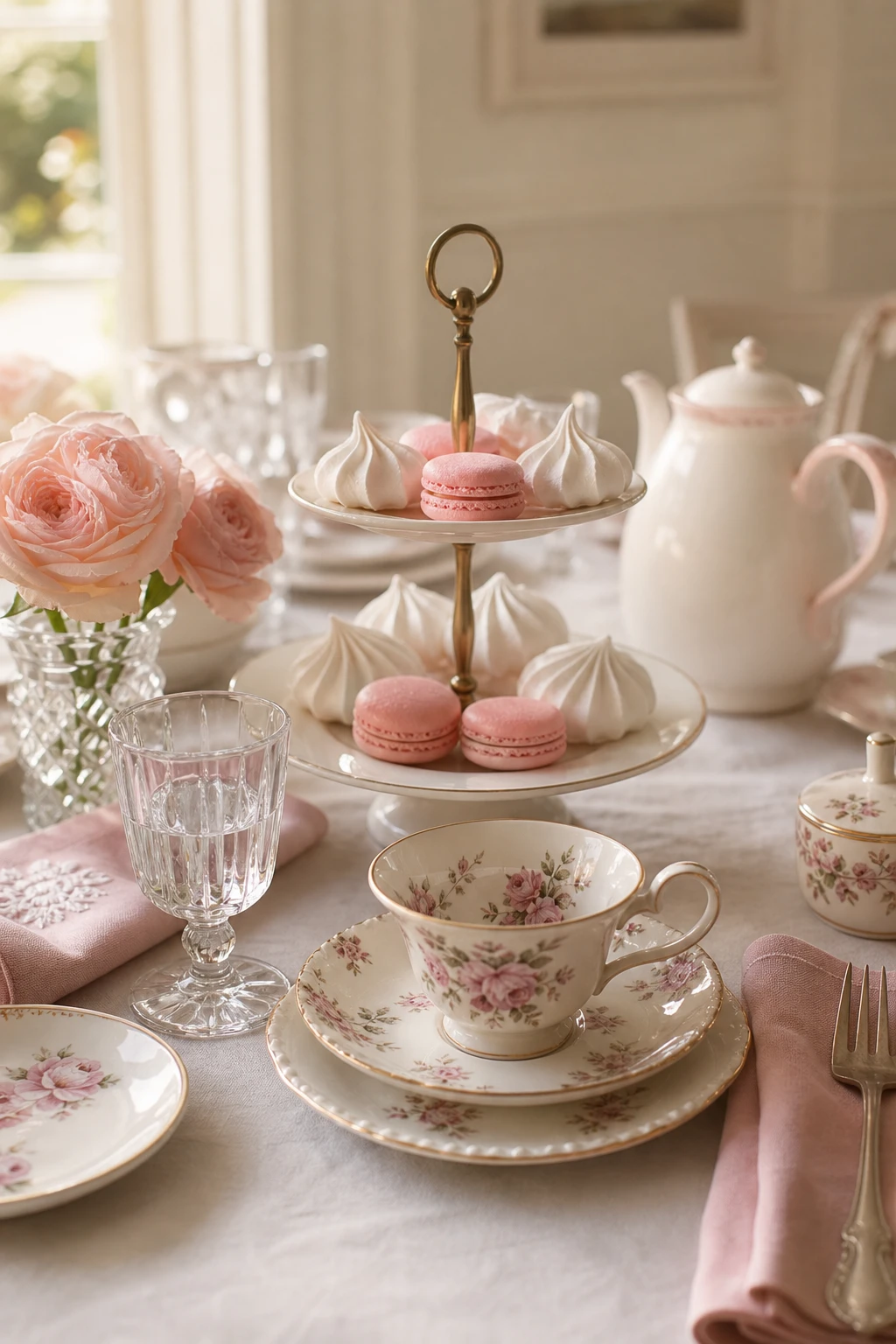 Pink and white dining room styled as an afternoon tea setting with layered china, blush linens, and warm white walls in a bright intimate scene