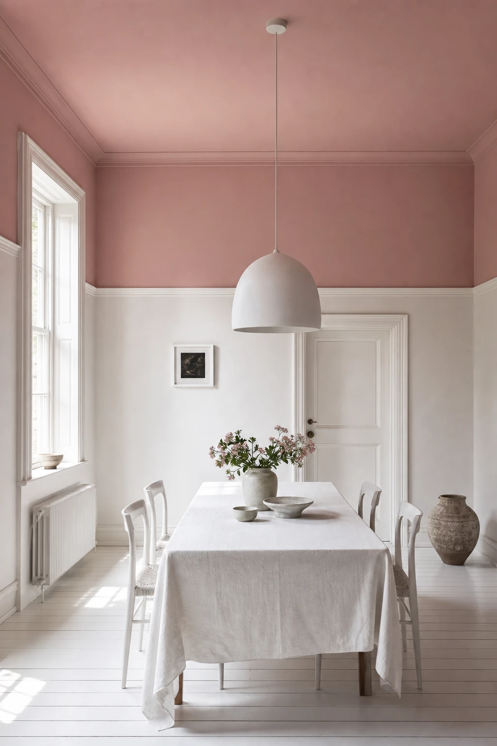 Pink and white dining room with a color block ceiling in Farrow and Ball Pink Cup paint meeting crisp white walls at a sharp horizontal line
