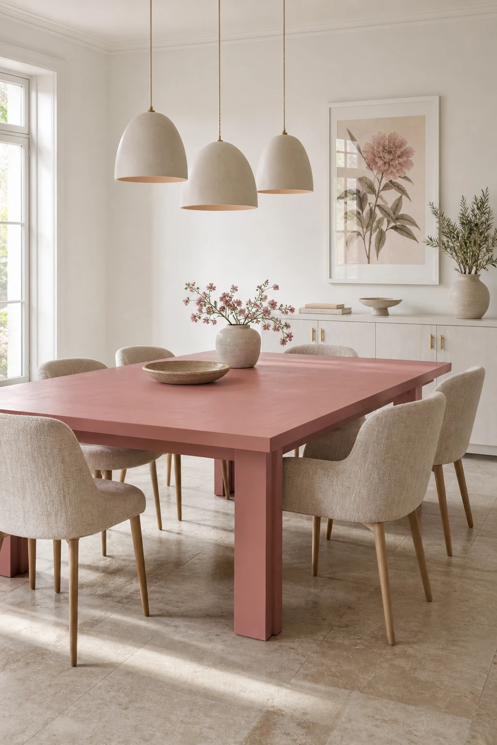 Pink and white dining room with a dusty rose pink dining table as the centrepiece, white walls in Farrow and Ball House White, natural linen chairs and pendant lighting above