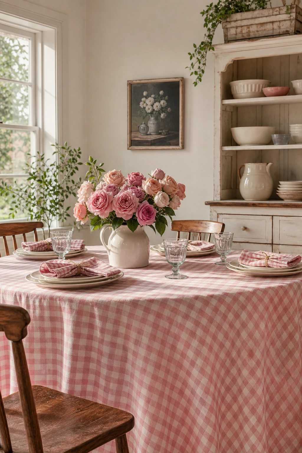 Pink and white dining room with a gingham table setting as the hero, featuring folded linen napkins, ceramic dinnerware, and Farrow and Ball Old White painted walls