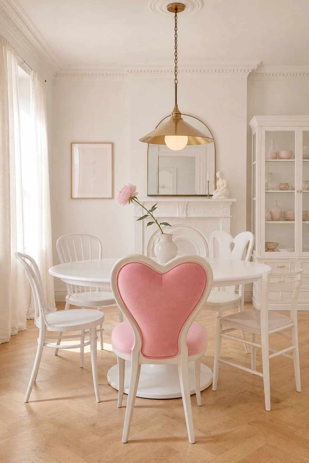 Pink and white dining room with a heart shaped chair featuring a pink cushion as the hero, warm white walls, round white table, and soft natural light