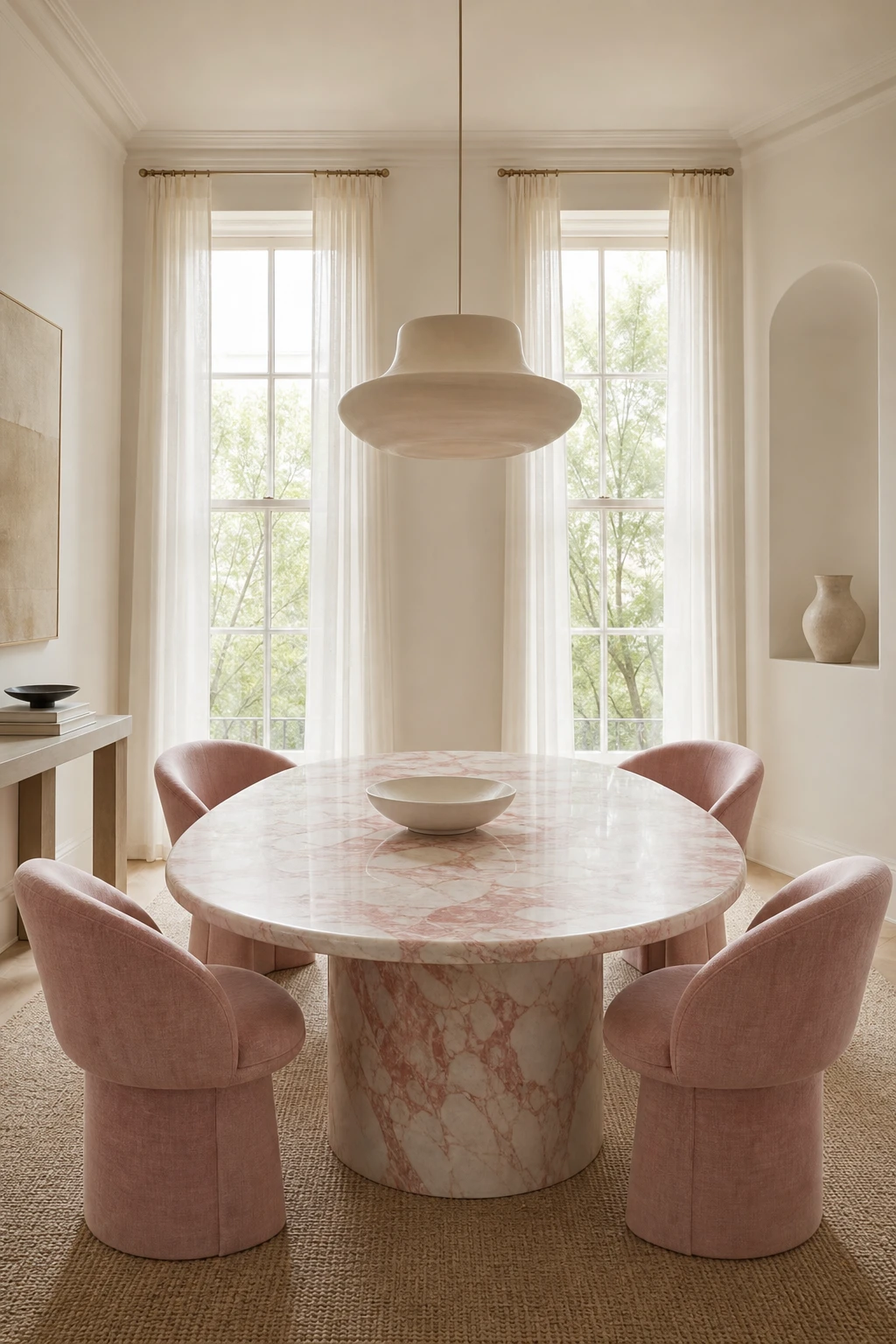 Pink and white dining room with a marble top table as the hero, warm white walls, pink upholstered chairs, and soft natural light from tall windows