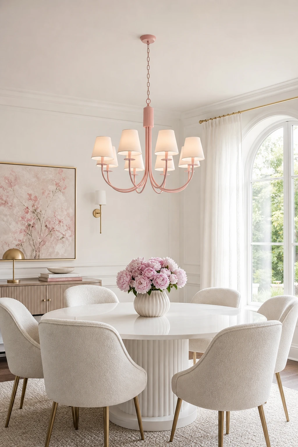 Pink and white dining room with a pink chandelier with white shades as the hero, warm white walls, round dining table, upholstered chairs, natural light