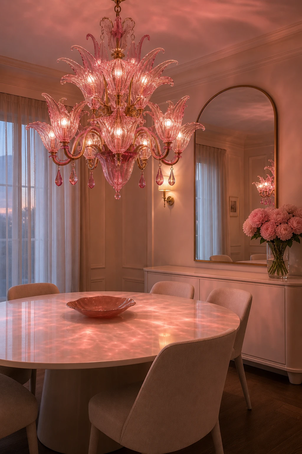 Pink and white dining room with a pink glass chandelier as hero, casting warm rose glow over a white oval table and upholstered chairs below