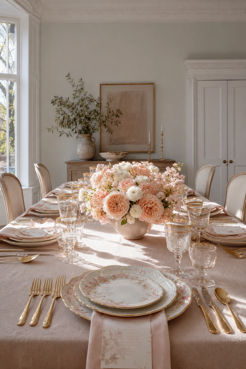 Pink and white dining room with a pink gold Easter tablescape as the hero, blush linens, gold cutlery, floral centrepiece, and Farrow & Ball Salt painted walls