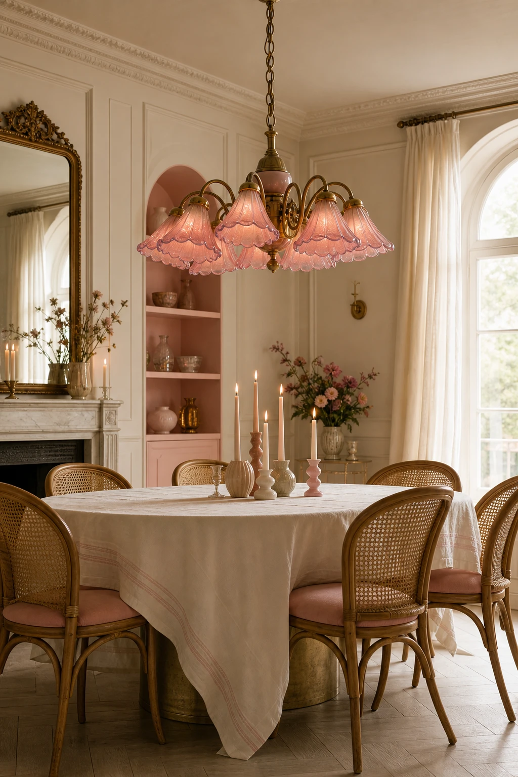 Pink and white dining room with a retro pink chandelier as the hero, Farrow and Ball Off White walls, round table, cane chairs, and warm evening light