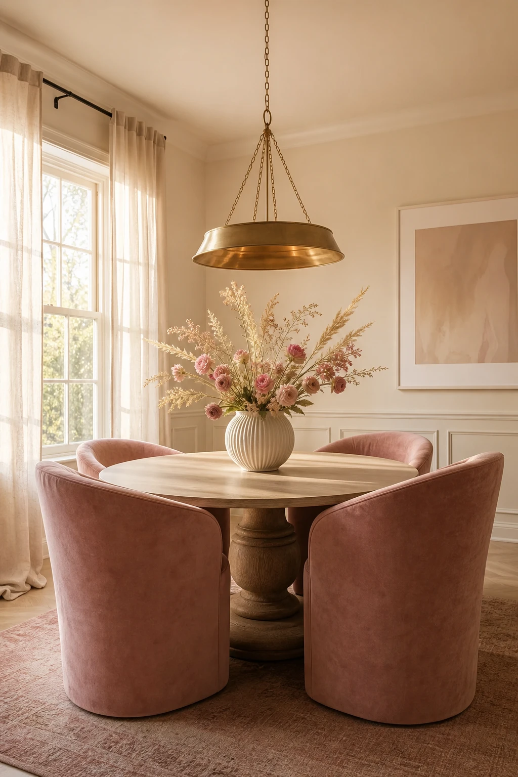 Pink and white dining room with a round table and blush velvet chairs, warm afternoon light, Farrow and Ball Pointing walls, linen curtains and brass chandelier