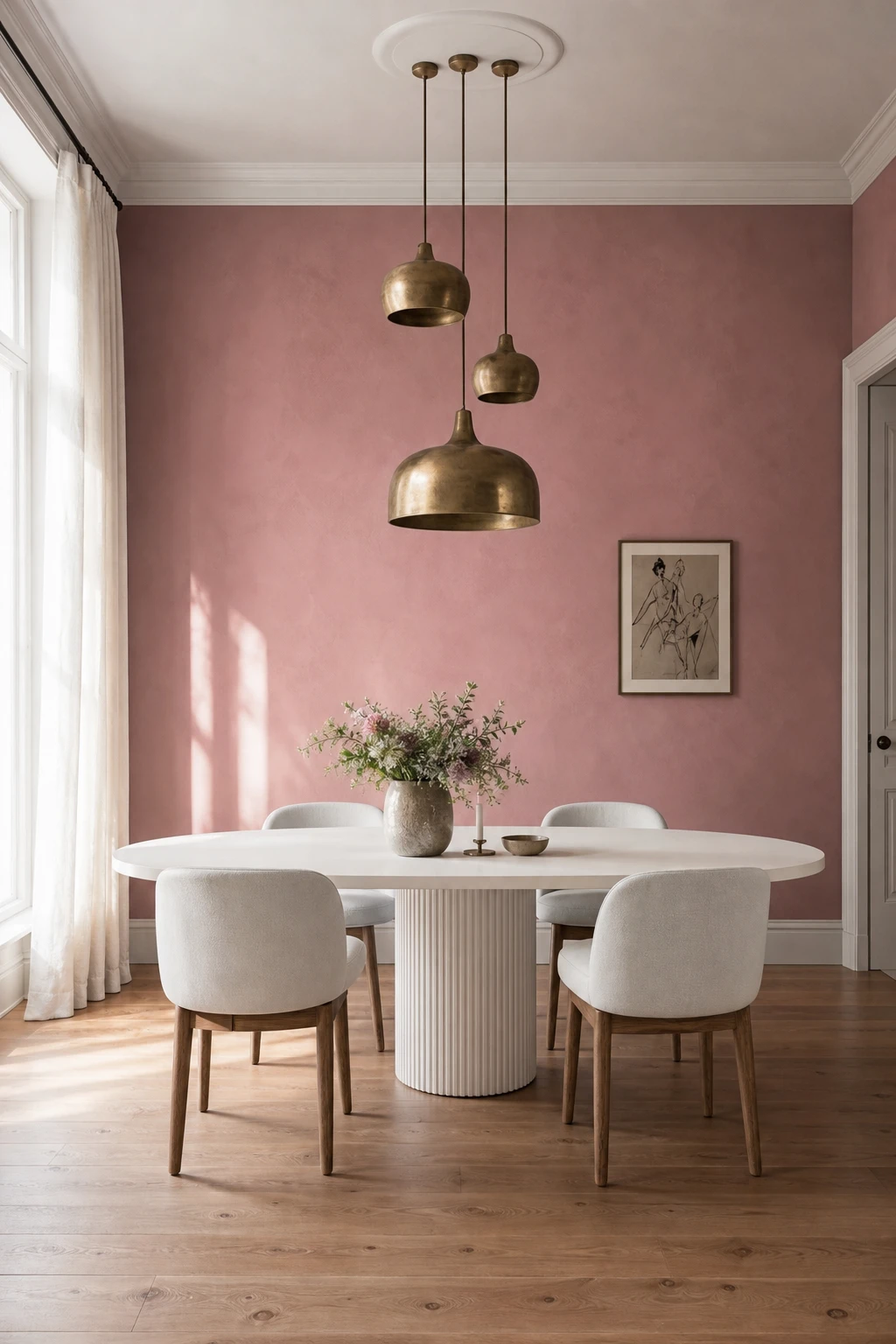 Pink and white dining room with a single Sulking Room Pink accent wall behind a white dining table, white chairs, and soft natural light from a side window