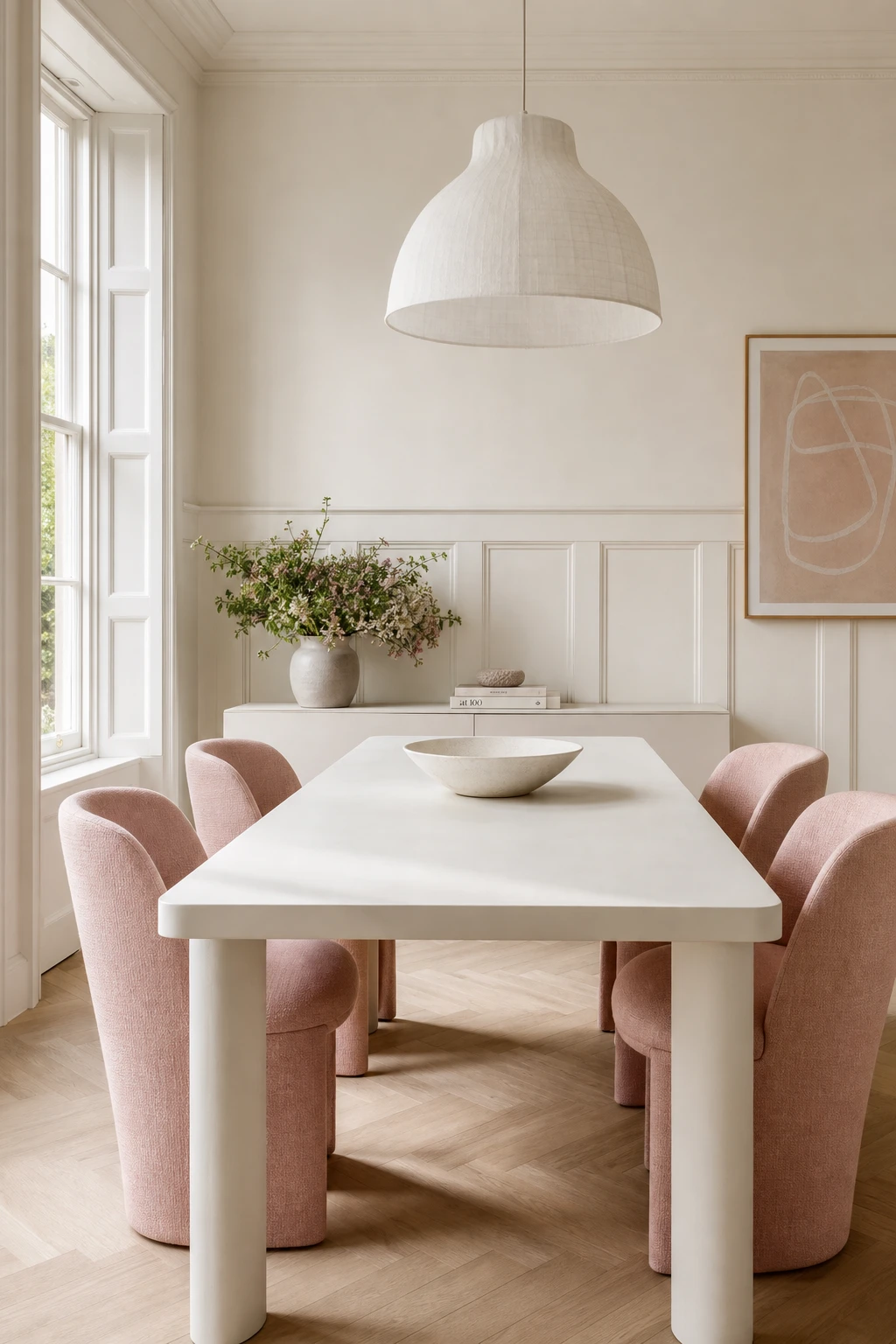 Pink and white dining room with a white table paired with soft pink upholstered chairs, warm natural light, and Farrow and Ball Farrows White walls