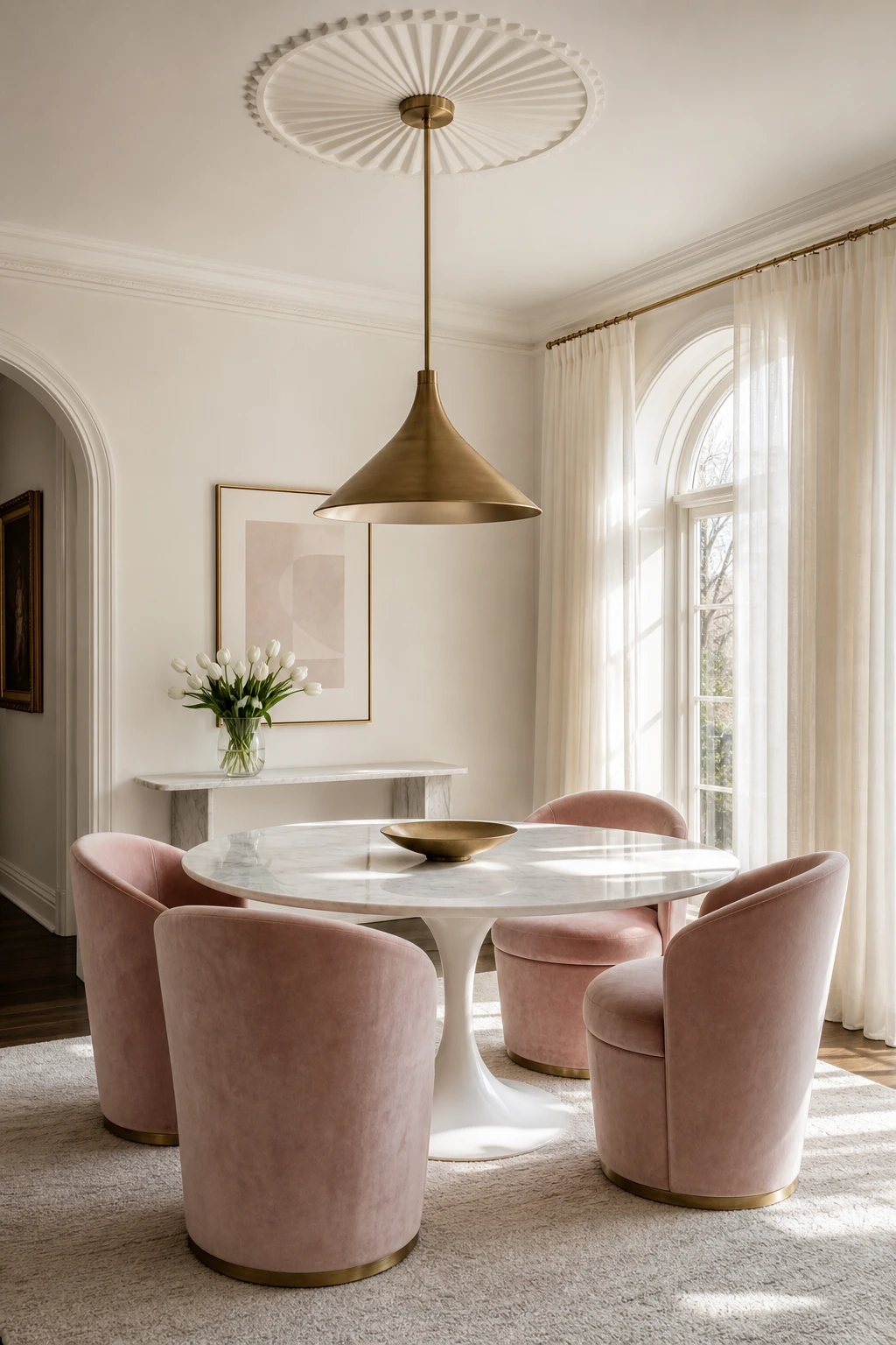 Pink and white dining room with a white tulip table, blush velvet chairs, warm white walls, and soft natural light from a tall window