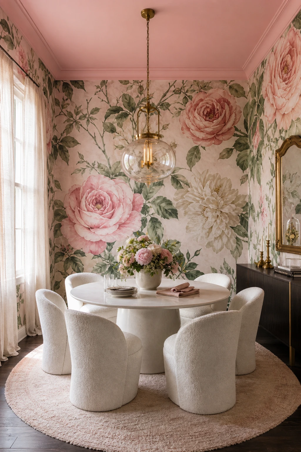 Pink and white dining room with bold floral wallpaper as the hero, round white table, upholstered chairs, and soft natural light through sheer curtains
