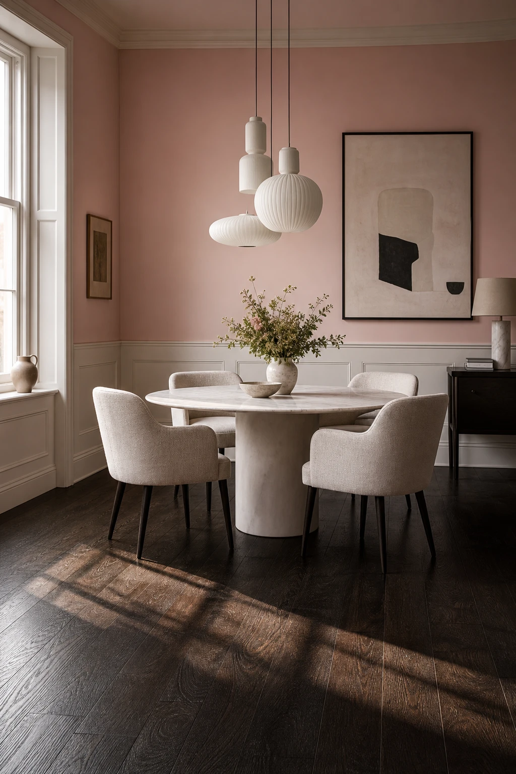 Pink and white dining room with Cinder Rose walls contrasting a deep dark hardwood floor, white trim, round table, linen chairs and pendant light