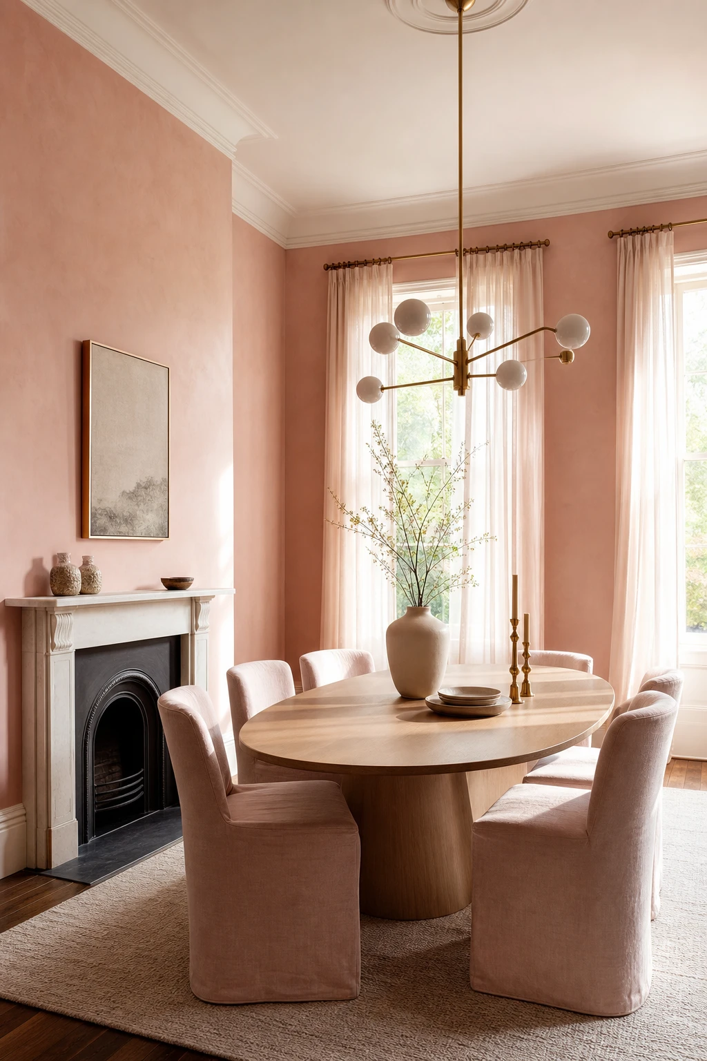 Pink and white dining room with light pink walls painted in Farrow and Ball Setting Plaster, white trim, linen curtains, oval table and brass chandelier