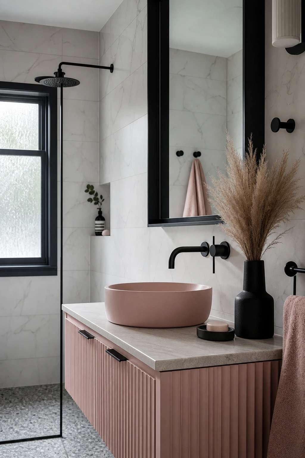 Pink bathroom with black fixtures as hero, featuring matte black faucets, towel bars, and mirror frame against blush pink walls painted Farrow and Ball Tar trim