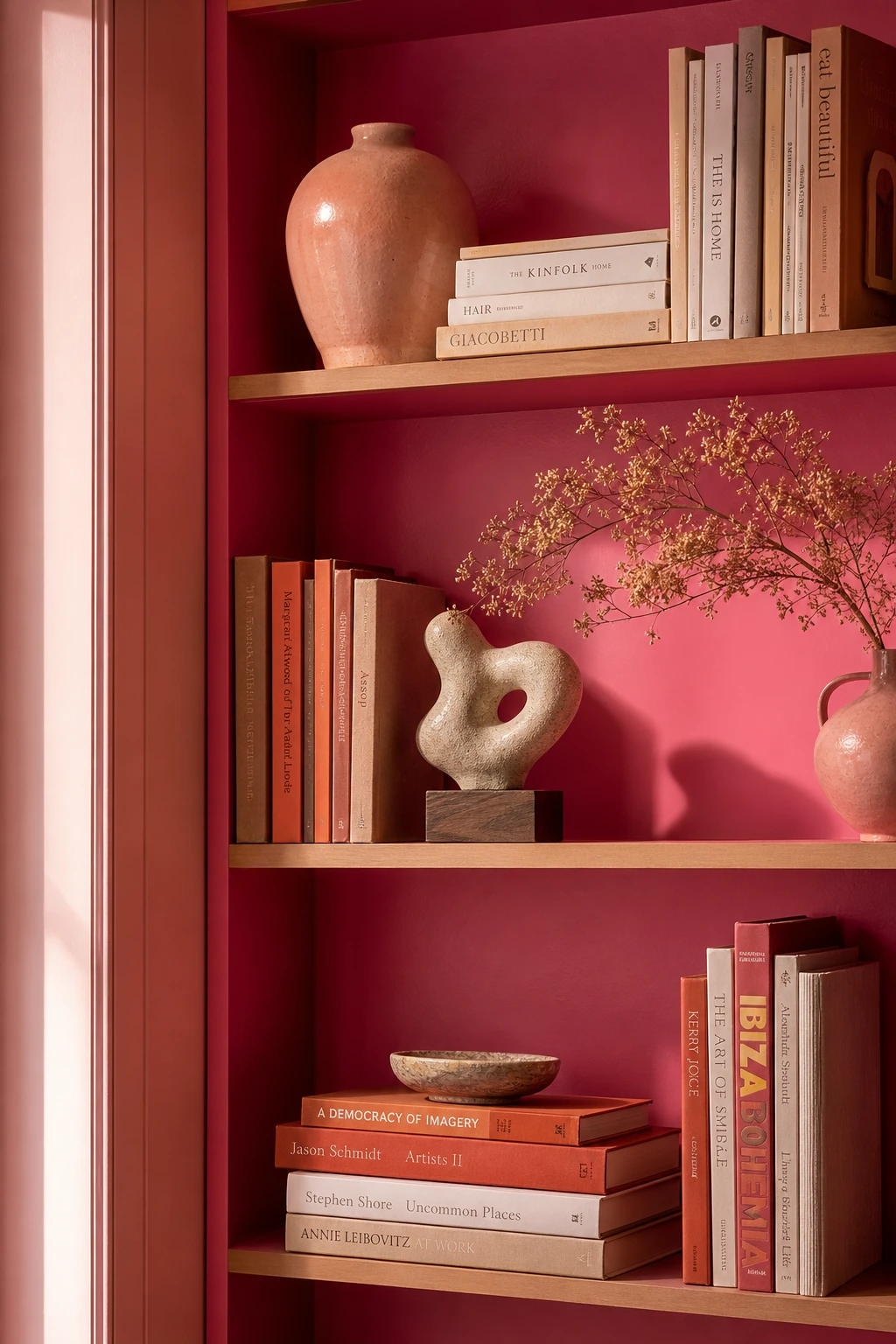 Pink bookshelf styled with books, ceramic objects, and varying heights in a hot pink interior design vignette with warm afternoon light