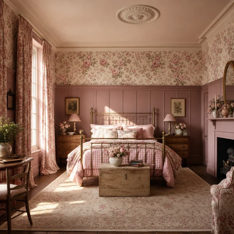 Pink English country bedroom with Cinder Rose panelling, chintz wallpaper, a brass bed dressed in gingham and floral bedding, toile curtains, and warm morning light.