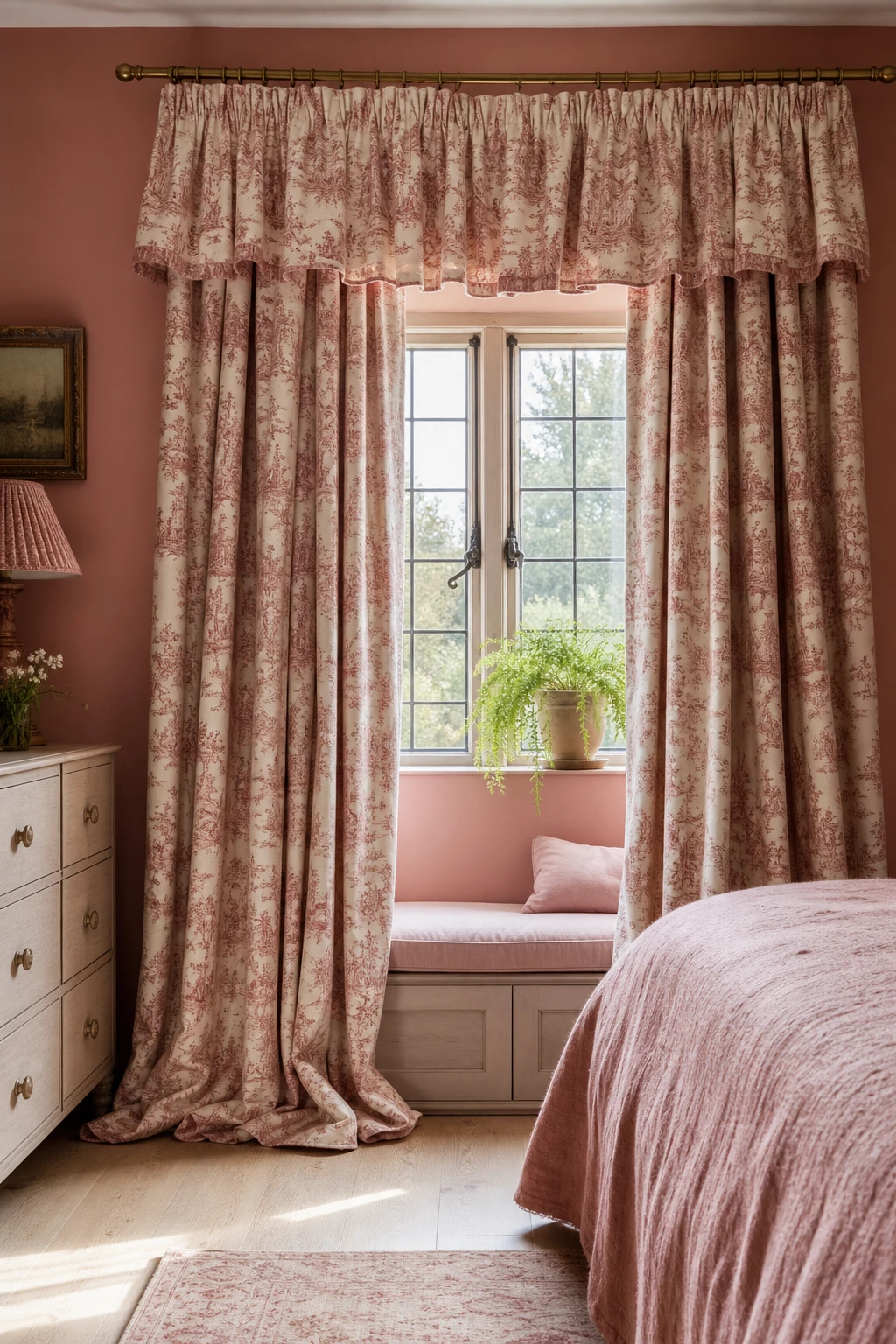 Pink English country bedroom window dressed with full length Toile de Jouy curtains in soft rose and cream, walls in Farrow and Ball Fruit Fool pink