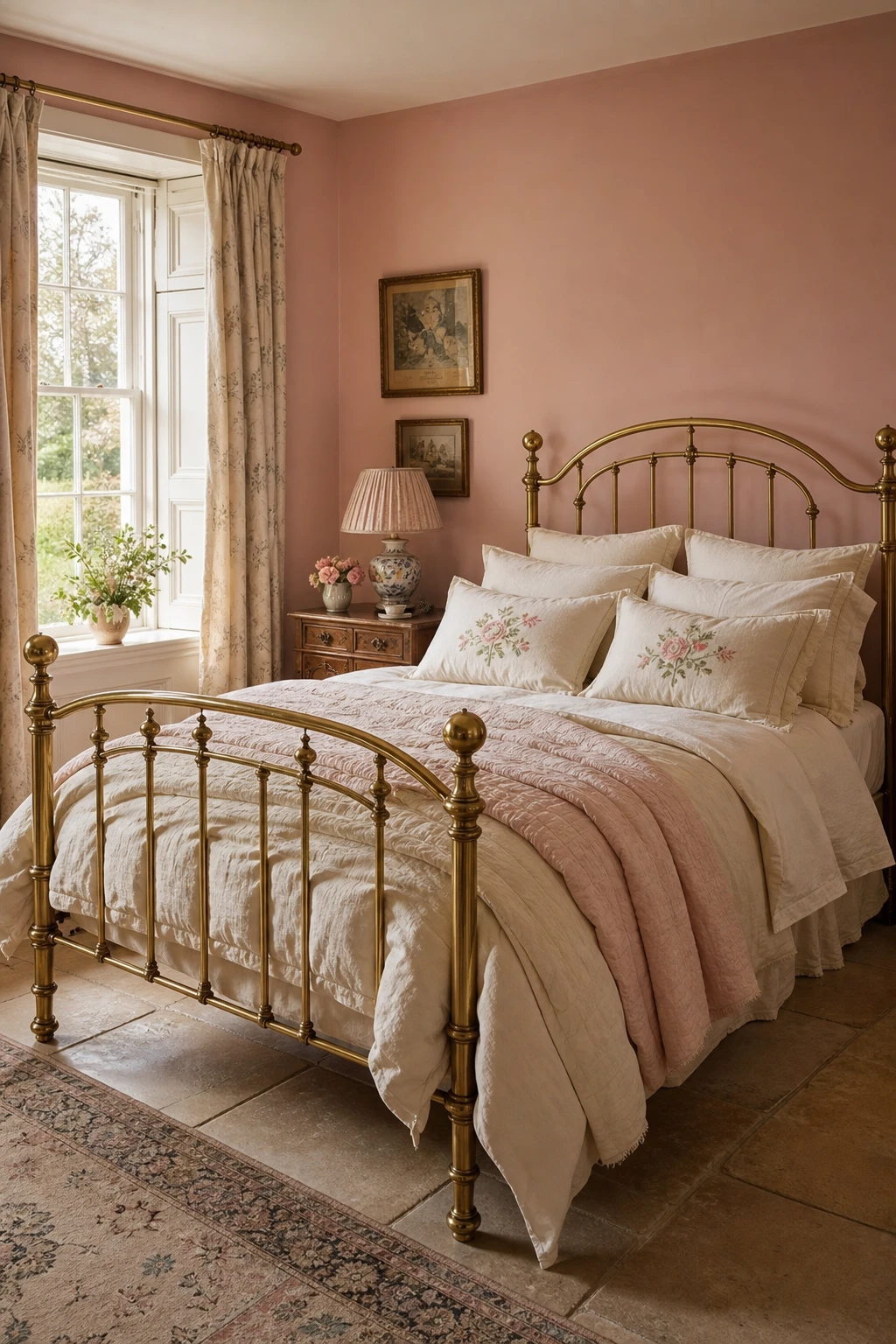 Pink English country bedroom with a brass bed frame as the hero, dressed in layered linen bedding against Farrow and Ball Dutch Pink walls in warm morning light