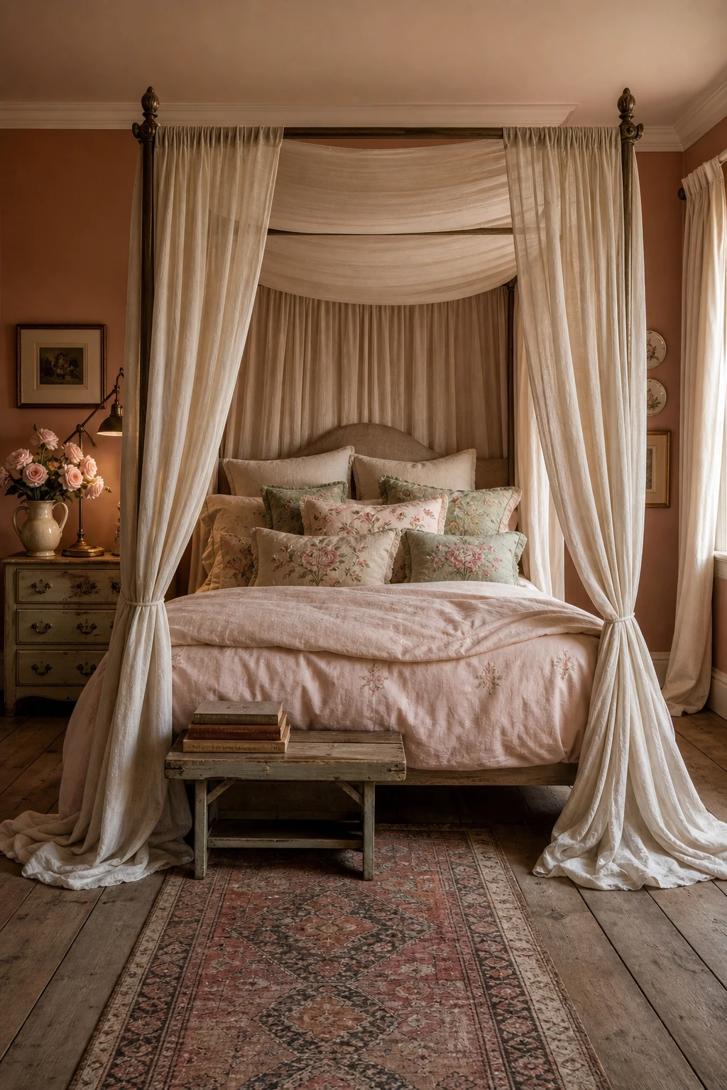 Pink English country bedroom with a dramatic canopy bed draped in sheer linen, floral cushions, a brass reading lamp and soft morning light on Fake Tan walls