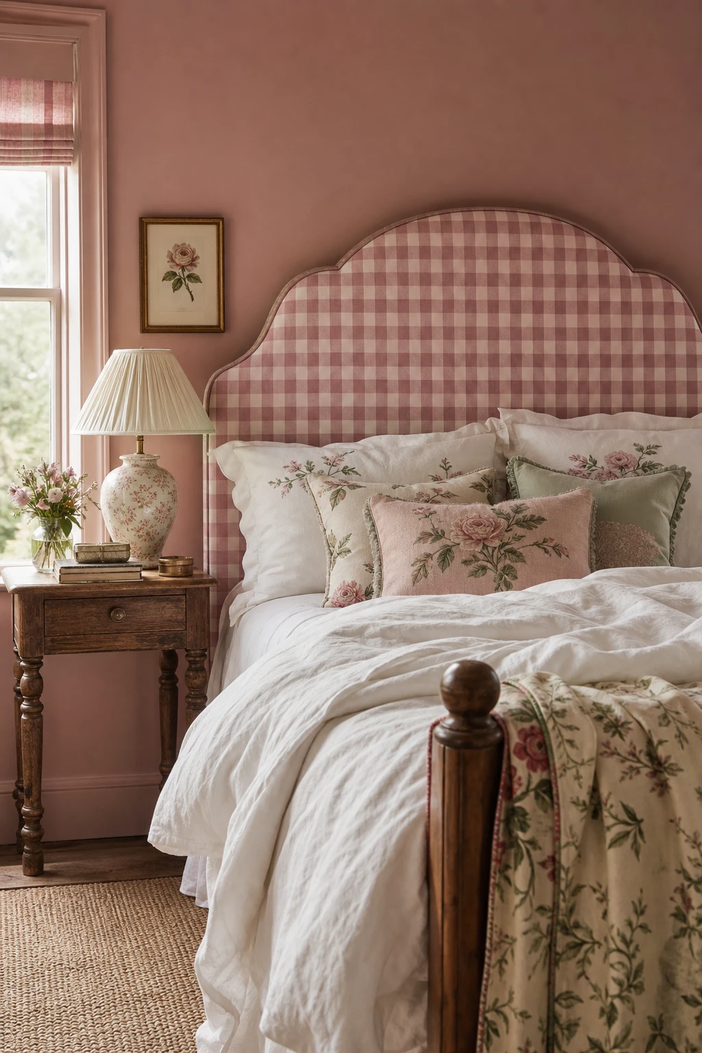 Pink English country bedroom with a gingham upholstered headboard as the focal point, dressed in white linen and floral cushions against a soft pink wall