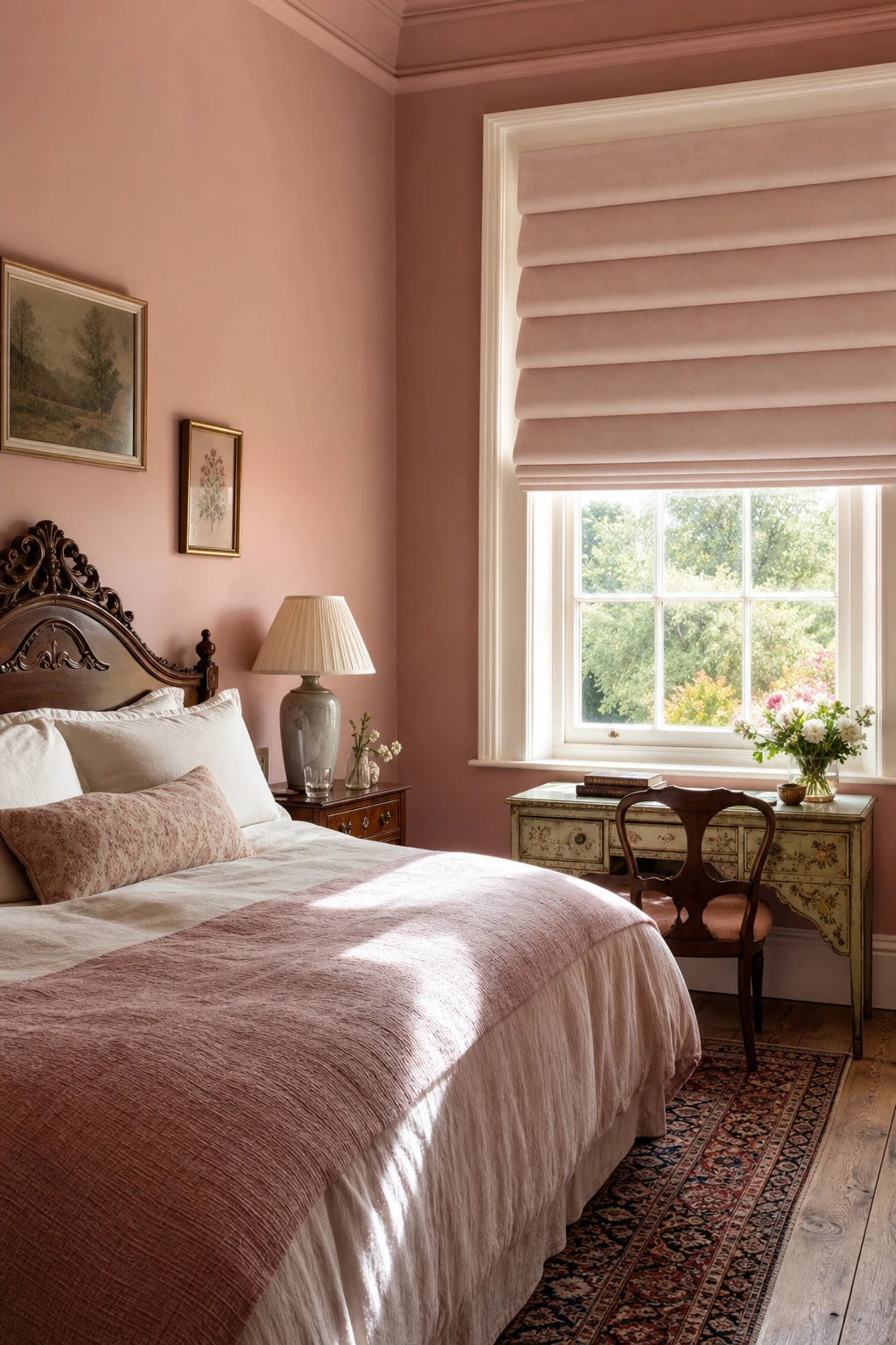 Pink English country bedroom with a neatly folded Roman blind as the hero window treatment, Farrow and Ball Dead Salmon walls, linen bedding and wooden furniture