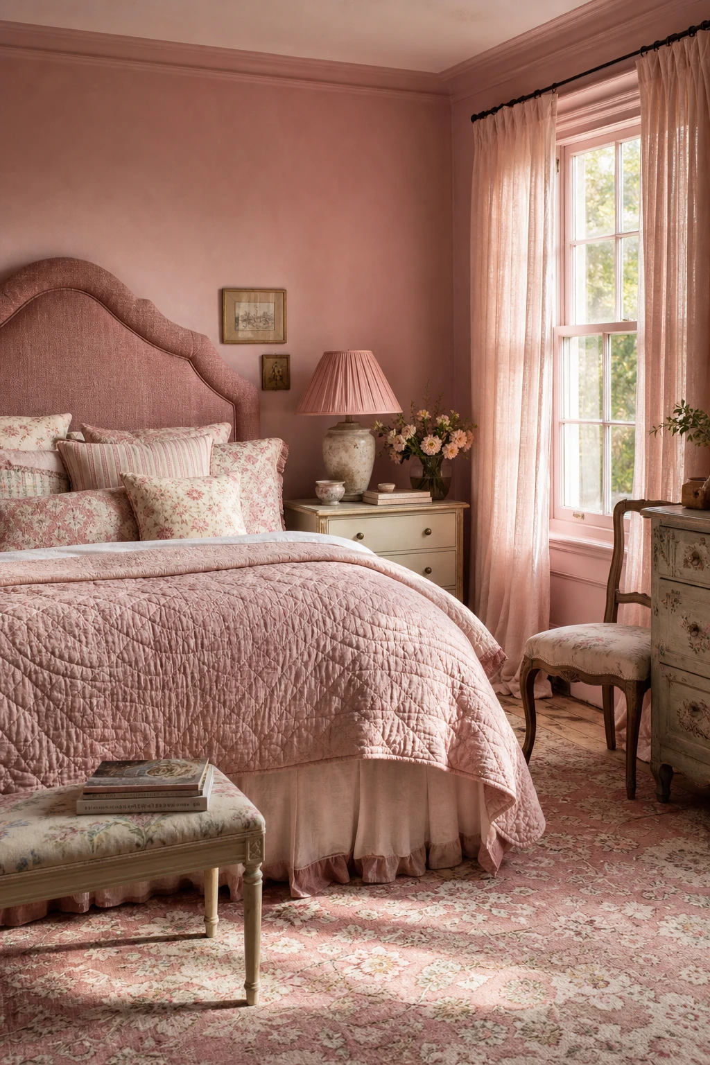Pink English country bedroom with Cinder Rose walls, floral linen bedding, upholstered headboard, sash windows and layered blush textiles creating a full room rosy glow