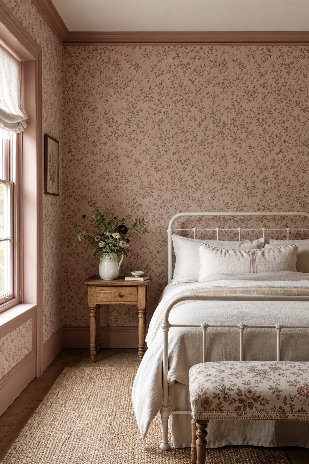 Pink English country bedroom with cottage wallpaper as the hero, featuring a iron bed, linen bedding, timber floors and Farrow and Ball Scallop painted woodwork