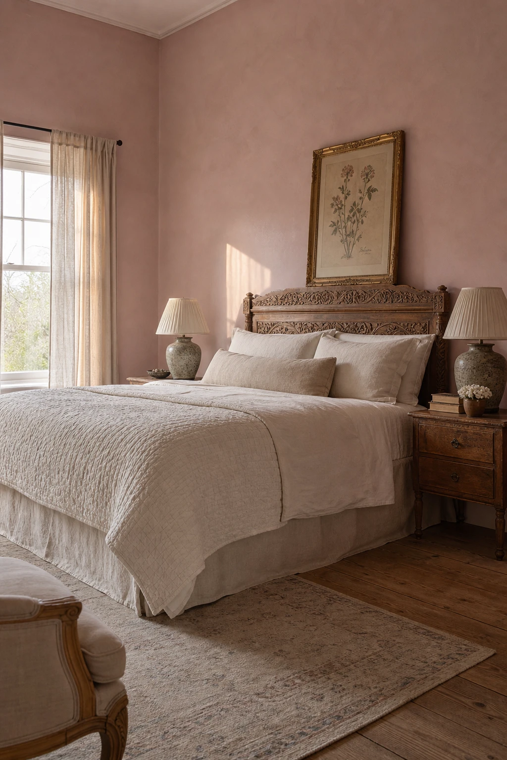 Pink English Country Bedroom with dusky muted pink walls painted in Farrow & Ball Peignoir, linen bedding, carved wooden headboard and soft morning light