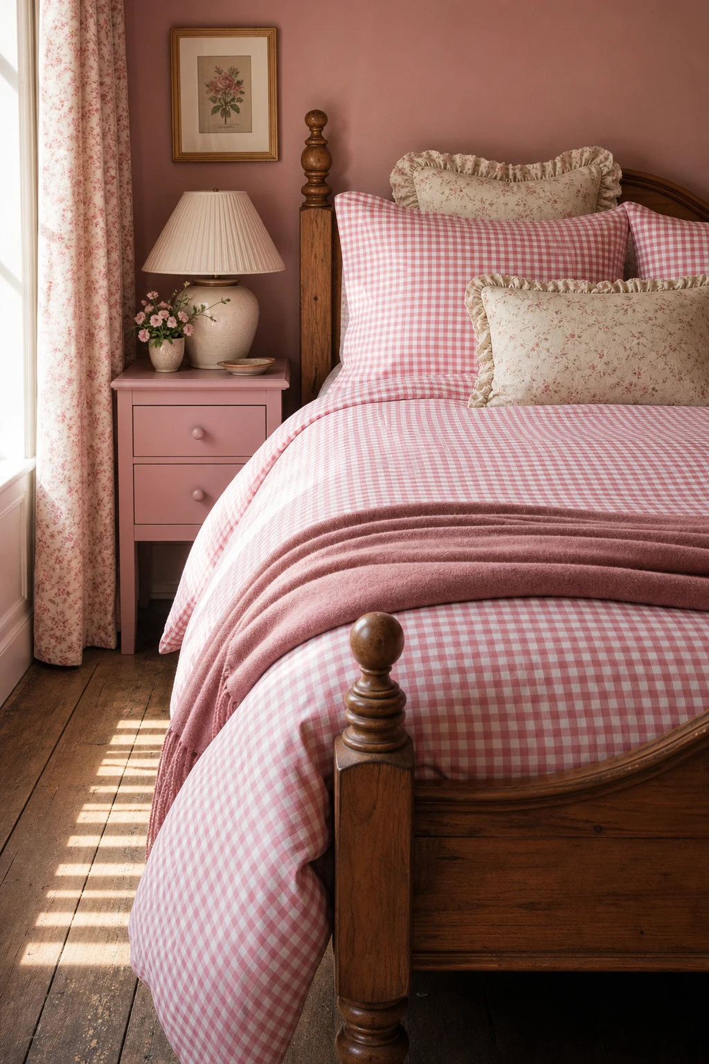 Pink English country bedroom with gingham bedding as the hero, floral cushions, painted wooden bed frame, aged oak floorboards, and soft morning light