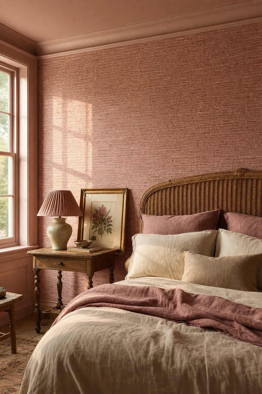 Pink English Country Bedroom with pink grasscloth wallpaper as hero, woven texture catching warm afternoon light, linen bedding, rattan headboard, botanical print