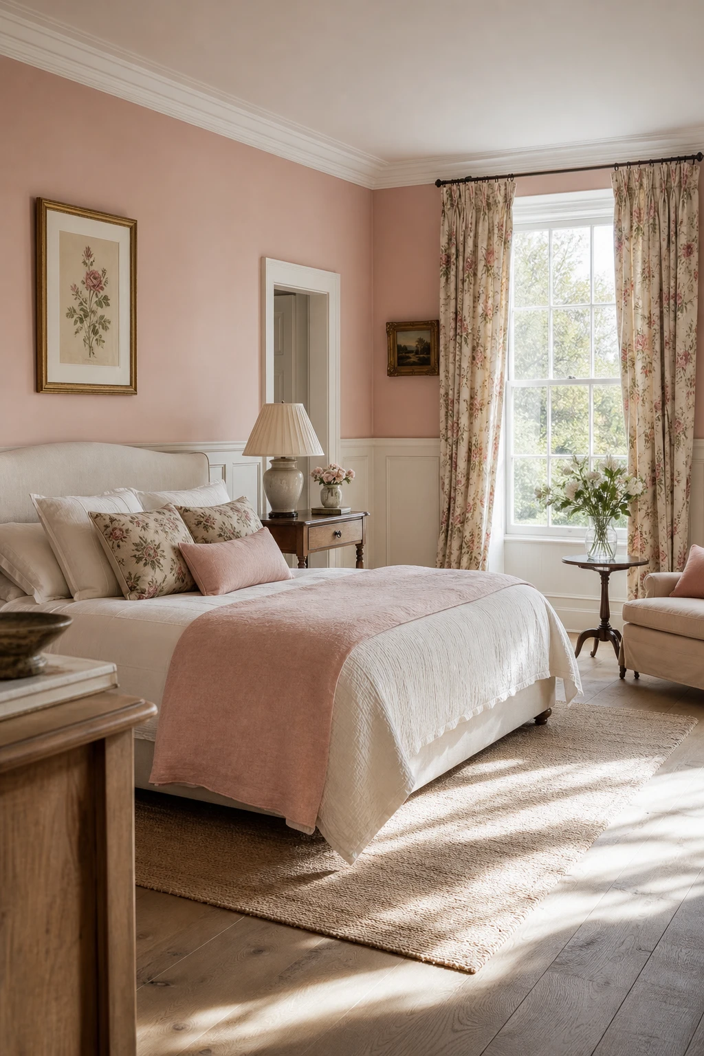 Pink English Country Bedroom with Pink Ground walls, a linen upholstered bed, white painted timber panelling, floral curtains and soft morning light