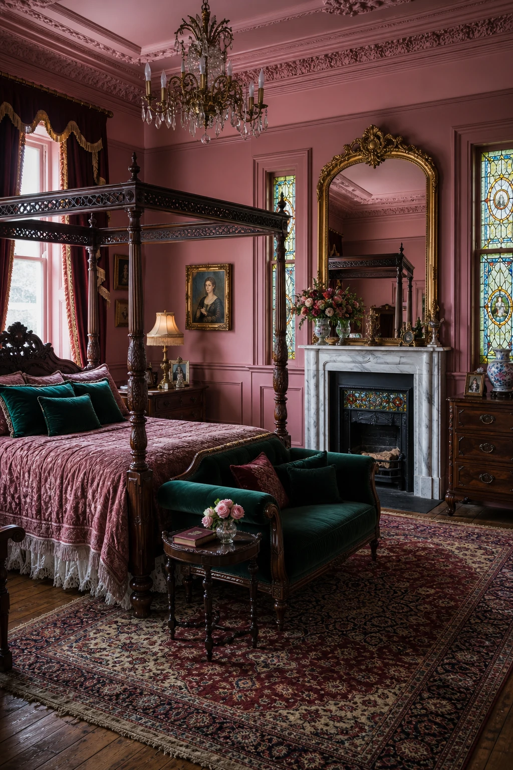 Pink English Country Bedroom with Victorian richness featuring deep jewel accents, ornate plasterwork, velvet drapes and Farrow and Ball Porphyry Pink walls in warm afternoon light