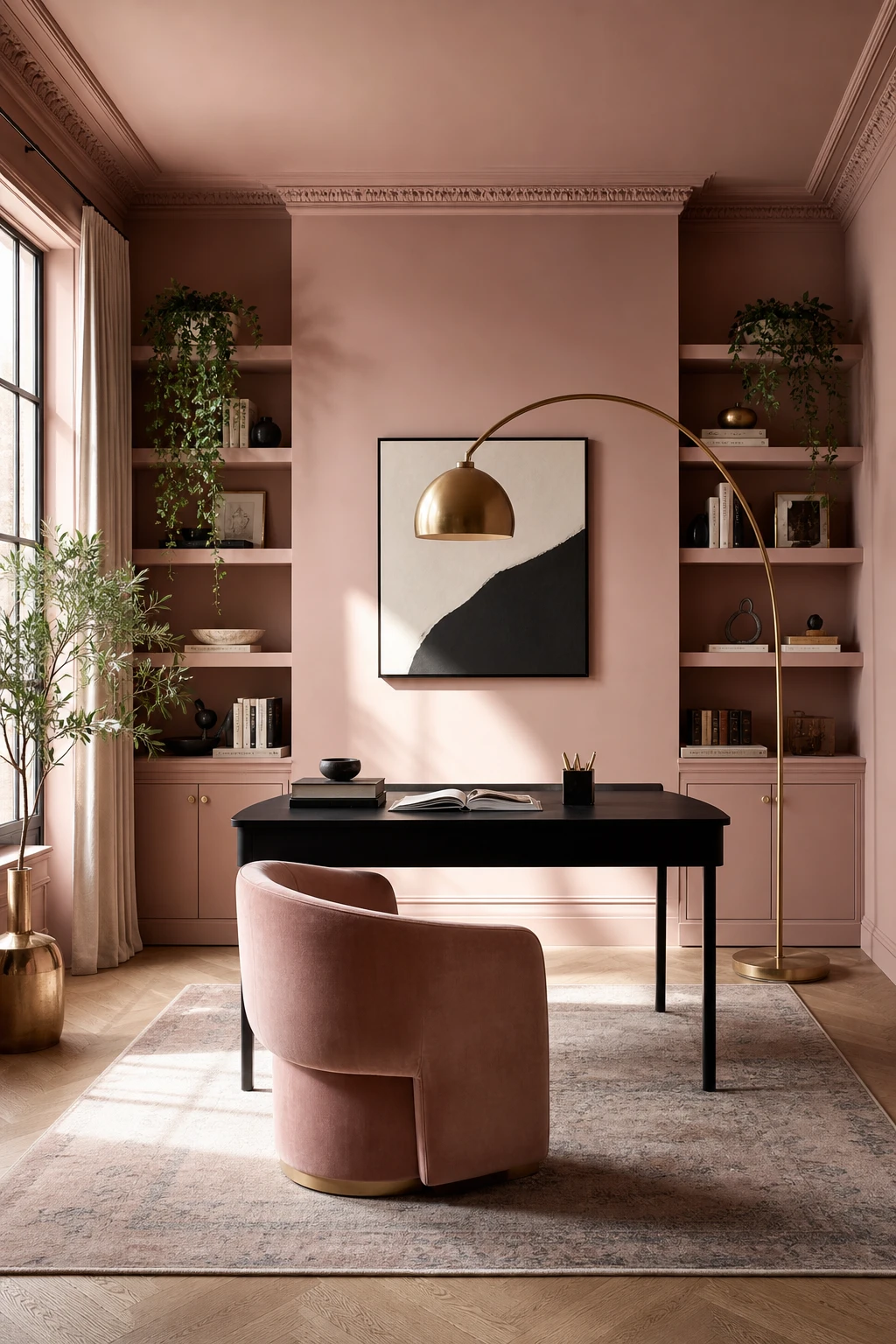 Pink home office with black desk, brass lamp, built in shelving, and Farrow & Ball Pink Ground walls bathed in afternoon window light