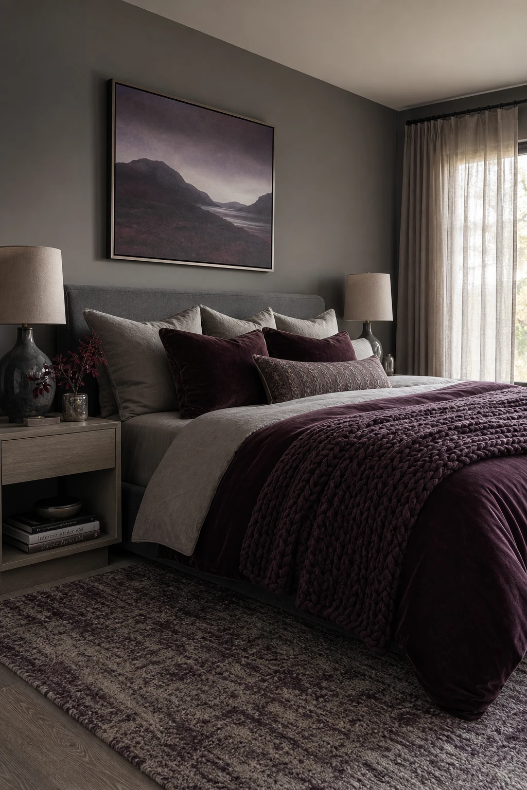 Plum and gray bedroom with layered velvet, linen and knit textures across bedding and cushions, walls in Farrow and Ball Worsted paint, soft afternoon light