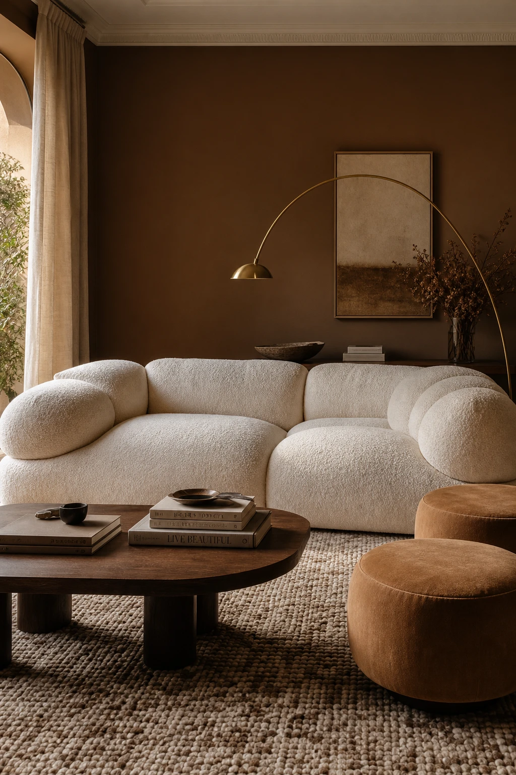 Plush cloud sofa in oversized cream upholstery anchors a brown and cream living room with warm earth tone walls and layered soft furnishings