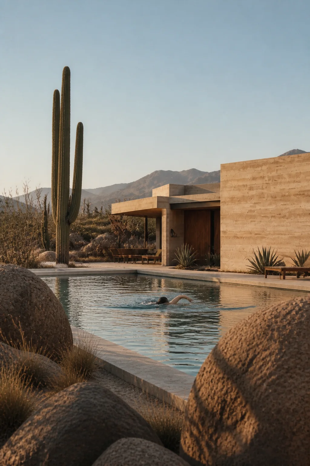 pool master at Baja Earth House in Baja California Sur in an original fictional editorial architecture story about material, landscape, light and the calm sequence of rooms........