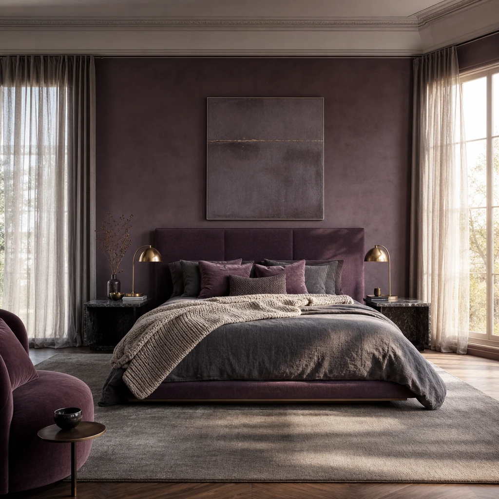 Purple and gray bedroom with dusty plum upholstered walls, a charcoal linen and mauve velvet layered bed, brushed brass lamps, and sheer silver curtains in warm late afternoon light.