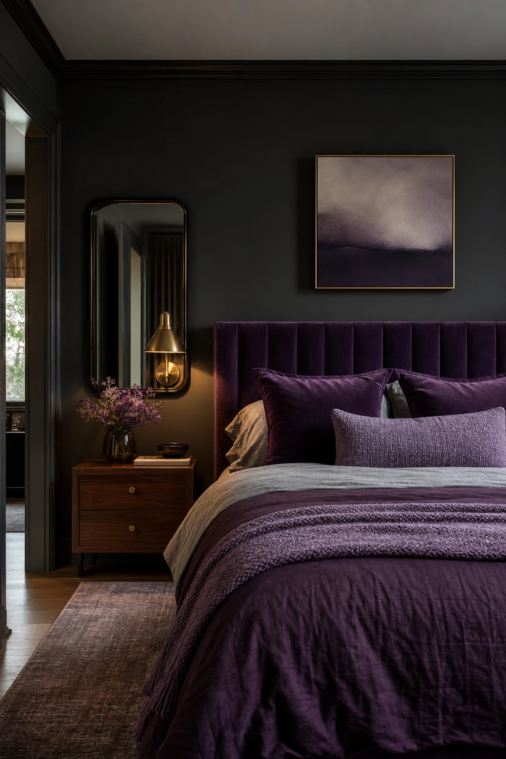 Purple and gray bedroom with charcoal Down Pipe walls, purple velvet headboard, brass sconces, and layered gray and plum bedding in soft evening light