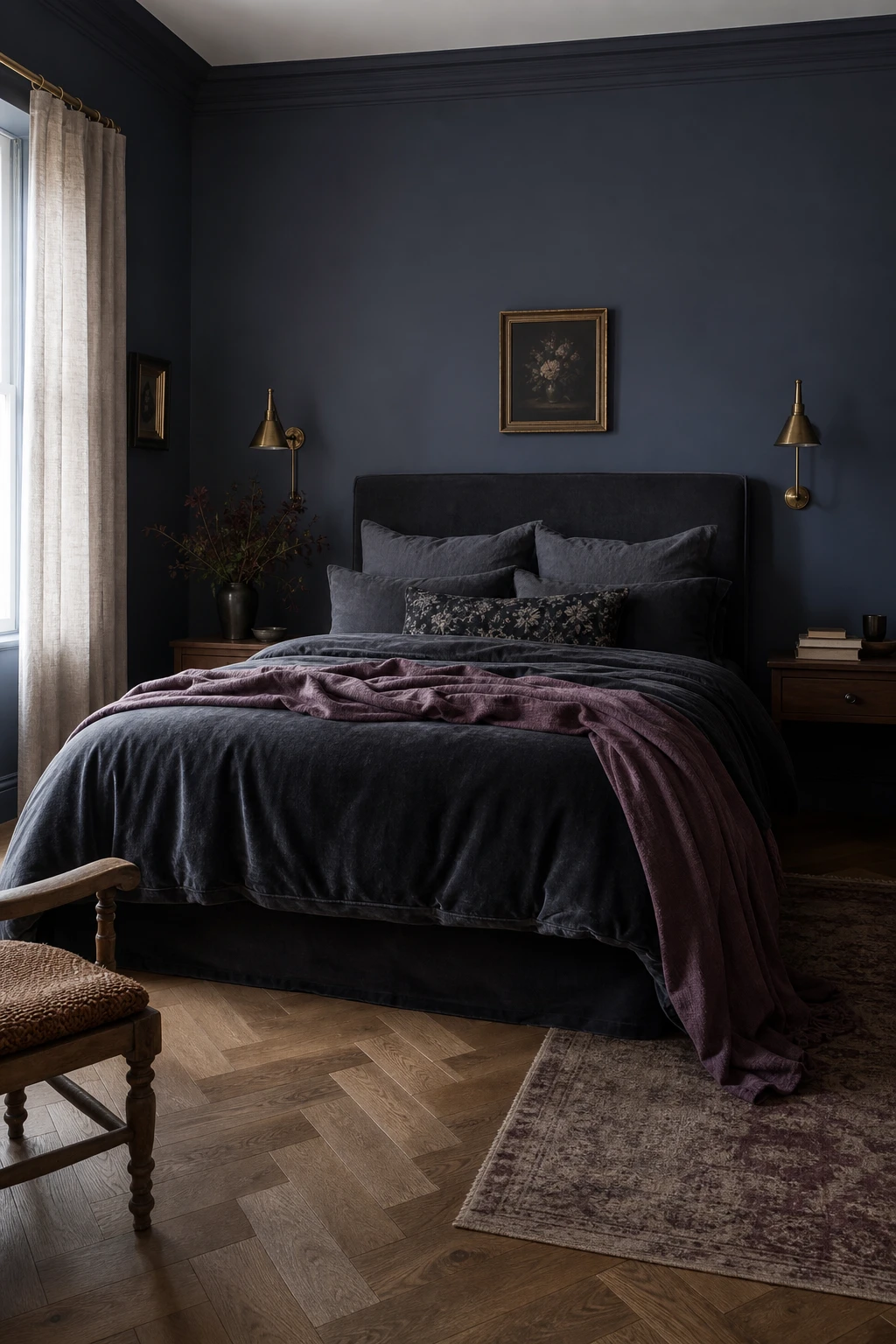 Purple and gray bedroom with dark gray bedding as the focal point, purple accent wall, linen curtains, brass lamp, and herringbone wood floor